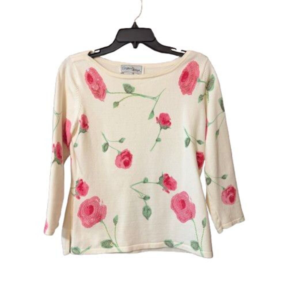 Christine Phillipe Womens Pullover Top Size Large Creme with Pink Sequined Roses